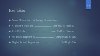 ▶ Some hippos are as heavy as elephants.
▶ A giraffe’s ears are _______________ (not big) a rabbit’s.
▶ A buffalo is _____________________ (not fast) a cheetah.
▶ An angry elephant is ________________ (dangerous) a lion.
▶ Elephants and hippos are ________________ (tall) giraffes.
Exercise:
‫ז‬
-
‫ח‬
 
