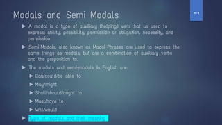 Modals and Semi Modals
▶ A modal is a type of auxiliary (helping) verb that us used to
express: ability, possibility, permission or obligation. necessity, and
permission
▶ Semi-Modals, also known as Modal-Phrases are used to express the
same things as modals, but are a combination of auxiliary verbs
and the preposition to.
▶ The modals and semi-modals in English are:
▶ Can/could/be able to
▶ May/might
▶ Shall/should/ought to
▶ Must/have to
▶ Will/would
▶ Type of modals and their meaning
‫ז‬
-
‫ח‬
 