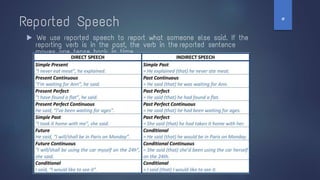 Reported Speech
▶ We use reported speech to report what someone else said. If the
reporting verb is in the past, the verb in the reported sentence
moves one tense back in time.
‫ט‬
 