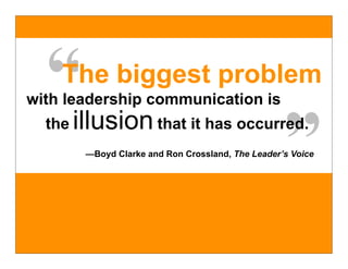 “ The biggest problem
with leadership communication is
  the                  that it has occurred.

                                                   ”
        —Boyd Clarke and Ron Crossland, The Leader’s Voice
 
