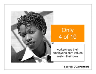 Only
    4 of 10

  workers say their
employer’s core values
  match their own


        Source: CO2 Partners
 