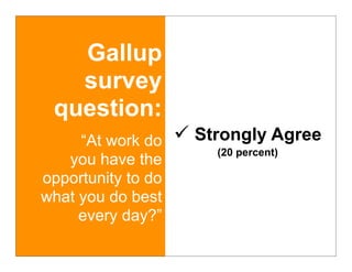 Gallup
   survey
 question:
     “At work do  Strongly Agree
                    (20 percent)
   you have the
opportunity to do
what you do best
     every day?”
 