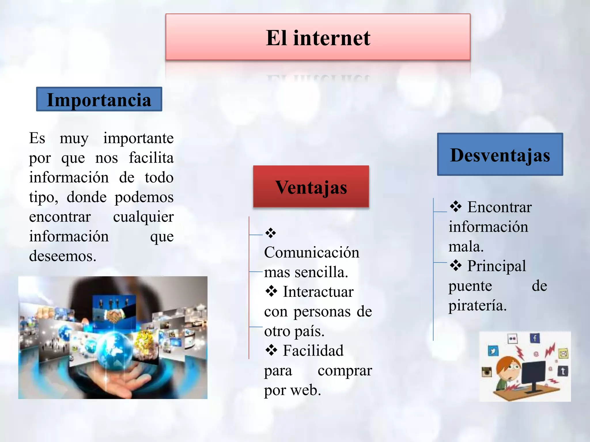 Importancia
Ventajas
Desventajas
Es muy importante
por que nos facilita
información de todo
tipo, donde podemos
encontrar cualquier
información que
deseemos.

Comunicación
mas sencilla.
 Interactuar
con personas de
otro país.
 Facilidad
para comprar
por web.
 Encontrar
información
mala.
 Principal
puente de
piratería.
El internet
 
