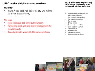 SCC Junior Neighbourhood wardens

Our Offer
• Young People aged 7-18 across the city who want to
    work with the community.                           •   Hampshire and Wight Trust for
                                                           Maritime Archaeology
                                                       •   Age Concern Southampton
                                                       •   The environment centre
We need                                                •   The big issue
• Ideas to engage and excite our volunteers            •   3rd age centre
                                                       •   Community access CIC
• Partners to work with and deliver improvement for    •   Oasis academy Mayfield
   the community                                       •   Stepacross CIC
                                                       •   Active Nation
• Opportunities to work with different generations     •   SOCO music project
                                                       •   Southampton Placebook
 