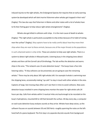 induced injuries to the right whales, the Endangered Species Act requires that an early warning

system be developed which will alert marine fishermen when whales get trapped in their nets”

(Fegley). This law also says that fishermen in Maine and other states with a lot of whales have

to fix their fishing gear to help reduce right whale entanglements” (Fegley).


       Whales also get killed in collisions with ships. It is the main cause of death to whales

(Fegley). “The right whale is particularly susceptible to ship strikes because of its habit of resting

near the surface” (Fegley). Ship captains have to be really careful about how they move their

ships when they are near to these animals, because one of the major threats to the populations

in such urbanized waters is ship strike. These are solution to help save right whales. There is a

system to detect right whales in Massachusetts. Listening buoy in the shipping lanes detect

whales and then call the Cornell Lab of Ornithology. The lab verifies the detection and warns

ships in the area. “The network uses 13 auto-detection buoys”. The buoys have a five mile

listening radius. “If ship collisions can be prevented, we are going to save the remaining

whales.” There may be only about 345 right whales left. For example A whale is swimming near

the shipping lanes, occasionally making "up-calls" to stay in touch with other whales in the area.

Captains of large, fast-moving ships often can't see them in time to avoid collisions. New auto-

detection buoys installed in some shipping lanes monitor the water for right whale calls 24

hours per day. Calls from whales within 5 nautical miles are loud enough to be recorded on the

buoy’s hydrophone, mounted 60 to 120 feet beneath the surface. All day every day, a computer

on each auto-detection buoy analyzes sounds as they arrive. Whales have deep voices, so the

software focuses on sounds between 50 and 350 Hertz--roughly spanning the notes on the left-

hand half of a piano keyboard. The first step is to separate discrete sounds from background
 