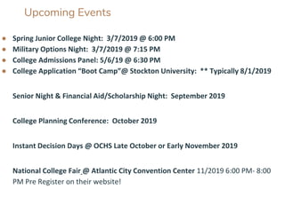 Upcoming Events
● Spring Junior College Night: 3/7/2019 @ 6:00 PM
● Military Options Night: 3/7/2019 @ 7:15 PM
● College Admissions Panel: 5/6/19 @ 6:30 PM
● College Application “Boot Camp”@ Stockton University: ** Typically 8/1/2019
Senior Night & Financial Aid/Scholarship Night: September 2019
College Planning Conference: October 2019
Instant Decision Days @ OCHS Late October or Early November 2019
National College Fair @ Atlantic City Convention Center 11/2019 6:00 PM- 8:00
PM Pre Register on their website!
 