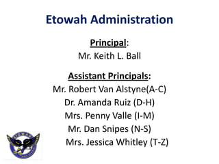 Etowah Administration
Principal:
Mr. Keith L. Ball
Assistant Principals:
Mr. Robert Van Alstyne(A-C)
Dr. Amanda Ruiz (D-H)
Mrs. Penny Valle (I-M)
Mr. Dan Snipes (N-S)
Mrs. Jessica Whitley (T-Z)
 