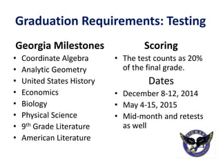 Graduation Requirements: Testing
Georgia Milestones
• Coordinate Algebra
• Analytic Geometry
• United States History
• Economics
• Biology
• Physical Science
• 9th Grade Literature
• American Literature
Scoring
• The test counts as 20%
of the final grade.
Dates
• December 8-12, 2014
• May 4-15, 2015
• Mid-month and retests
as well
 