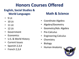 Honors Courses Offered
English, Social Studies &
World Languages
• 9 Lit
• 10 Lit
• 11 Lit
• 12 Lit
• Government
• Economics
• U.S. & World History
• Current Issues
• Spanish 2,3,4
• French 2,3,4
Math & Science
• Coordinate Algebra
• Algebra/Geometry
• Geometry/Adv. Algebra
• Pre-Calculus
• Engineering Calculus
• Chemistry
• Biology
• Human Anatomy
 