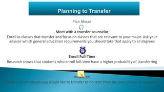 Plan Ahead
Meet with a transfer counselor
Enroll in classes that transfer and focus on classes that are relevant to your major. Ask your
advisor which general education requirements you should take that apply to all degrees
Enroll Full-Time
Research shows that students who enroll full-time have a higher probability of transferring
Research
Make a list of schools you would like to transfer to no later than the end of your 1st semester
 
