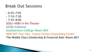  6:45-7:05
 7:10-7:30
 7:35-8:00
SDSU-HERE in the Theater
UCSD-Cafeteria
Southwestern College-Room 805
NEW SAT Test Tips- Career Center/Counseling Center
The Middle Class Scholarship & Financial Aide-Room 807
24
 