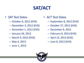SAT/ACT
• SAT Test Dates                • ACT Test Dates
   –   October 6, 2012 (EHS)      –   September 8, 2012 (EHS)
   –   November 3, 2012 (EHS)     –   October 27, 2012 (EHS)
   –   December 1, 2012 (EHS)     –   December 8, 2012
   –   January 26, 2013           –   February 9, 2013 (EHS)
   –   March 9, 2013 (EHS)        –   April 13, 2013 (EHS)
   –   May 4, 2013                –   June 8, 2013 (EHS)
   –   June 1, 2013
 