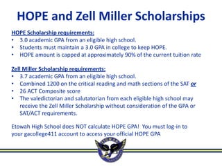 HOPE and Zell Miller Scholarships
HOPE Scholarship requirements:
• 3.0 academic GPA from an eligible high school.
• Students must maintain a 3.0 GPA in college to keep HOPE.
• HOPE amount is capped at approximately 90% of the current tuition rate

Zell Miller Scholarship requirements:
• 3.7 academic GPA from an eligible high school.
• Combined 1200 on the critical reading and math sections of the SAT or
• 26 ACT Composite score
• The valedictorian and salutatorian from each eligible high school may
    receive the Zell Miller Scholarship without consideration of the GPA or
    SAT/ACT requirements.

Etowah High School does NOT calculate HOPE GPA! You must log-in to
your gacollege411 account to access your official HOPE GPA
 