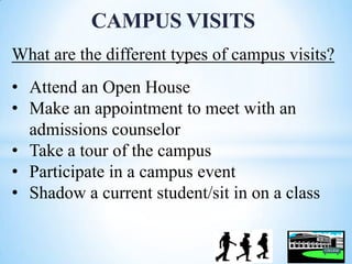 CAMPUS VISITS
What are the different types of campus visits?

• Attend an Open House
• Make an appointment to meet with an
admissions counselor
• Take a tour of the campus
• Participate in a campus event
• Shadow a current student/sit in on a class

 