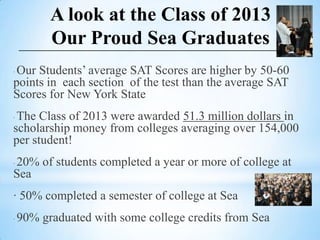A look at the Class of 2013
Our Proud Sea Graduates
Our Students’ average SAT Scores are higher by 50-60
points in each section of the test than the average SAT
Scores for New York State
·

The Class of 2013 were awarded 51.3 million dollars in
scholarship money from colleges averaging over 154,000
per student!
·

20% of students completed a year or more of college at
Sea
·

· 50% completed a semester of college at Sea
·

90% graduated with some college credits from Sea

 