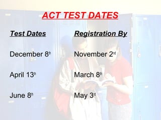 ACT TEST DATES
Test Dates        Registration By

December 8th      November 2nd

April 13th        March 8th

June 8th          May 3rd
 