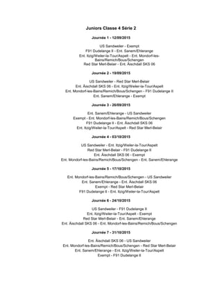 Juniors Classe 4 Série 2
Journée 1 - 12/09/2015
US Sandweiler - Exempt
F91 Dudelange II - Ent. Sanem/Ehlerange
Ent. Itzig/Weiler-la-Tour/Aspelt - Ent. Mondorf-les-
Bains/Remich/Bous/Schengen
Red Star Merl-Belair - Ent. Äischdall SKS 06
Journée 2 - 19/09/2015
US Sandweiler - Red Star Merl-Belair
Ent. Äischdall SKS 06 - Ent. Itzig/Weiler-la-Tour/Aspelt
Ent. Mondorf-les-Bains/Remich/Bous/Schengen - F91 Dudelange II
Ent. Sanem/Ehlerange - Exempt
Journée 3 - 26/09/2015
Ent. Sanem/Ehlerange - US Sandweiler
Exempt - Ent. Mondorf-les-Bains/Remich/Bous/Schengen
F91 Dudelange II - Ent. Äischdall SKS 06
Ent. Itzig/Weiler-la-Tour/Aspelt - Red Star Merl-Belair
Journée 4 - 03/10/2015
US Sandweiler - Ent. Itzig/Weiler-la-Tour/Aspelt
Red Star Merl-Belair - F91 Dudelange II
Ent. Äischdall SKS 06 - Exempt
Ent. Mondorf-les-Bains/Remich/Bous/Schengen - Ent. Sanem/Ehlerange
Journée 5 - 17/10/2015
Ent. Mondorf-les-Bains/Remich/Bous/Schengen - US Sandweiler
Ent. Sanem/Ehlerange - Ent. Äischdall SKS 06
Exempt - Red Star Merl-Belair
F91 Dudelange II - Ent. Itzig/Weiler-la-Tour/Aspelt
Journée 6 - 24/10/2015
US Sandweiler - F91 Dudelange II
Ent. Itzig/Weiler-la-Tour/Aspelt - Exempt
Red Star Merl-Belair - Ent. Sanem/Ehlerange
Ent. Äischdall SKS 06 - Ent. Mondorf-les-Bains/Remich/Bous/Schengen
Journée 7 - 31/10/2015
Ent. Äischdall SKS 06 - US Sandweiler
Ent. Mondorf-les-Bains/Remich/Bous/Schengen - Red Star Merl-Belair
Ent. Sanem/Ehlerange - Ent. Itzig/Weiler-la-Tour/Aspelt
Exempt - F91 Dudelange II
 