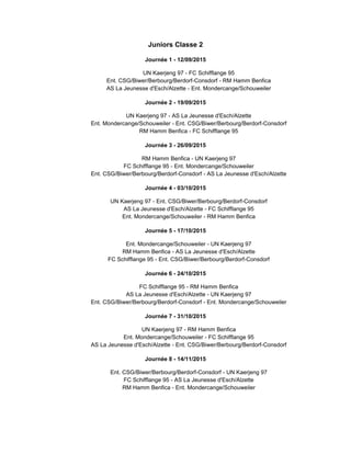 Juniors Classe 2
Journée 1 - 12/09/2015
UN Kaerjeng 97 - FC Schifflange 95
Ent. CSG/Biwer/Berbourg/Berdorf-Consdorf - RM Hamm Benfica
AS La Jeunesse d'Esch/Alzette - Ent. Mondercange/Schouweiler
Journée 2 - 19/09/2015
UN Kaerjeng 97 - AS La Jeunesse d'Esch/Alzette
Ent. Mondercange/Schouweiler - Ent. CSG/Biwer/Berbourg/Berdorf-Consdorf
RM Hamm Benfica - FC Schifflange 95
Journée 3 - 26/09/2015
RM Hamm Benfica - UN Kaerjeng 97
FC Schifflange 95 - Ent. Mondercange/Schouweiler
Ent. CSG/Biwer/Berbourg/Berdorf-Consdorf - AS La Jeunesse d'Esch/Alzette
Journée 4 - 03/10/2015
UN Kaerjeng 97 - Ent. CSG/Biwer/Berbourg/Berdorf-Consdorf
AS La Jeunesse d'Esch/Alzette - FC Schifflange 95
Ent. Mondercange/Schouweiler - RM Hamm Benfica
Journée 5 - 17/10/2015
Ent. Mondercange/Schouweiler - UN Kaerjeng 97
RM Hamm Benfica - AS La Jeunesse d'Esch/Alzette
FC Schifflange 95 - Ent. CSG/Biwer/Berbourg/Berdorf-Consdorf
Journée 6 - 24/10/2015
FC Schifflange 95 - RM Hamm Benfica
AS La Jeunesse d'Esch/Alzette - UN Kaerjeng 97
Ent. CSG/Biwer/Berbourg/Berdorf-Consdorf - Ent. Mondercange/Schouweiler
Journée 7 - 31/10/2015
UN Kaerjeng 97 - RM Hamm Benfica
Ent. Mondercange/Schouweiler - FC Schifflange 95
AS La Jeunesse d'Esch/Alzette - Ent. CSG/Biwer/Berbourg/Berdorf-Consdorf
Journée 8 - 14/11/2015
Ent. CSG/Biwer/Berbourg/Berdorf-Consdorf - UN Kaerjeng 97
FC Schifflange 95 - AS La Jeunesse d'Esch/Alzette
RM Hamm Benfica - Ent. Mondercange/Schouweiler
 