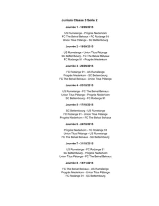 Juniors Classe 3 Série 2
Journée 1 - 12/09/2015
US Rumelange - Progrès Niederkorn
FC The Belval Belvaux - FC Rodange 91
Union Titus Pétange - SC Bettembourg
Journée 2 - 19/09/2015
US Rumelange - Union Titus Pétange
SC Bettembourg - FC The Belval Belvaux
FC Rodange 91 - Progrès Niederkorn
Journée 3 - 26/09/2015
FC Rodange 91 - US Rumelange
Progrès Niederkorn - SC Bettembourg
FC The Belval Belvaux - Union Titus Pétange
Journée 4 - 03/10/2015
US Rumelange - FC The Belval Belvaux
Union Titus Pétange - Progrès Niederkorn
SC Bettembourg - FC Rodange 91
Journée 5 - 17/10/2015
SC Bettembourg - US Rumelange
FC Rodange 91 - Union Titus Pétange
Progrès Niederkorn - FC The Belval Belvaux
Journée 6 - 24/10/2015
Progrès Niederkorn - FC Rodange 91
Union Titus Pétange - US Rumelange
FC The Belval Belvaux - SC Bettembourg
Journée 7 - 31/10/2015
US Rumelange - FC Rodange 91
SC Bettembourg - Progrès Niederkorn
Union Titus Pétange - FC The Belval Belvaux
Journée 8 - 14/11/2015
FC The Belval Belvaux - US Rumelange
Progrès Niederkorn - Union Titus Pétange
FC Rodange 91 - SC Bettembourg
 