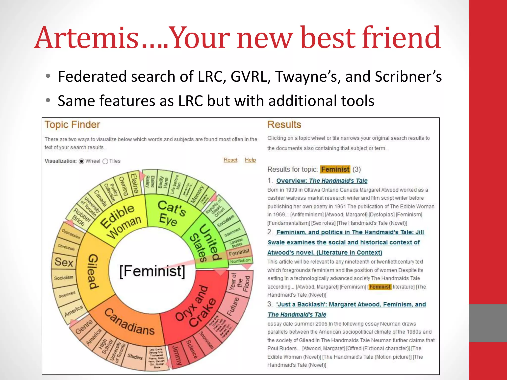 Artemis….Your new best friend
• Federated search of LRC, GVRL, Twayne’s, and Scribner’s
• Same features as LRC but with additional tools
 