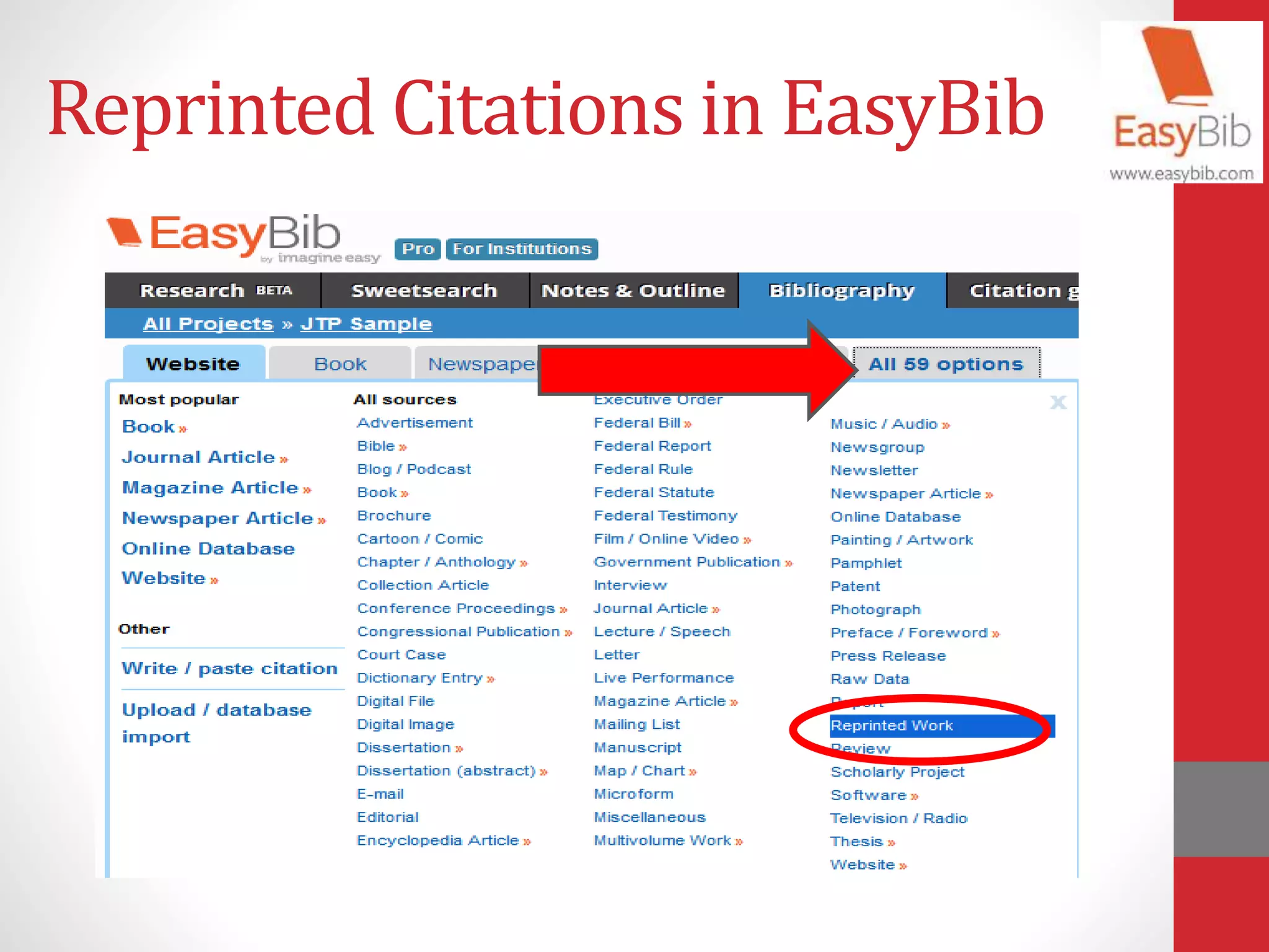 Reprinted Citations in EasyBib
 