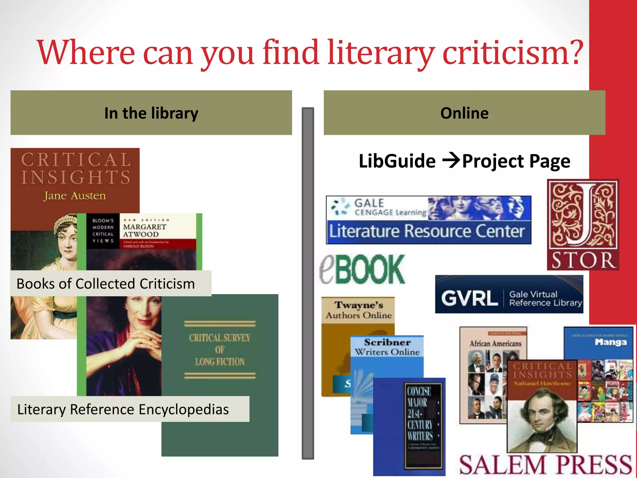 Where can you find literary criticism?
In the library
LibGuide Project Page
Online
Literary Reference Encyclopedias
Books of Collected Criticism
 
