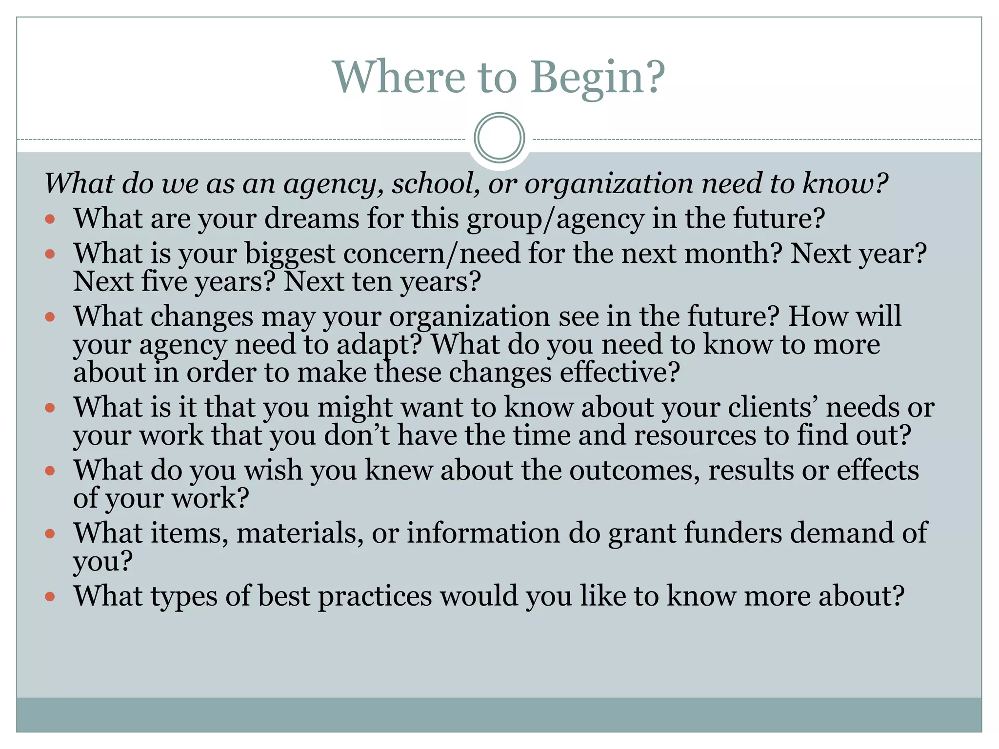 Where to Begin? 
What do we as an agency, school, or organization need to know? 
What are your dreams for this group/agency in the future? 
What is your biggest concern/need for the next month? Next year? Next five years? Next ten years? 
What changes may your organization see in the future? How will your agency need to adapt? What do you need to know to more about in order to make these changes effective? 
What is it that you might want to know about your clients’ needs or your work that you don’t have the time and resources to find out? 
What do you wish you knew about the outcomes, results or effects of your work? 
What items, materials, or information do grant funders demand of you? 
What types of best practices would you like to know more about?  
