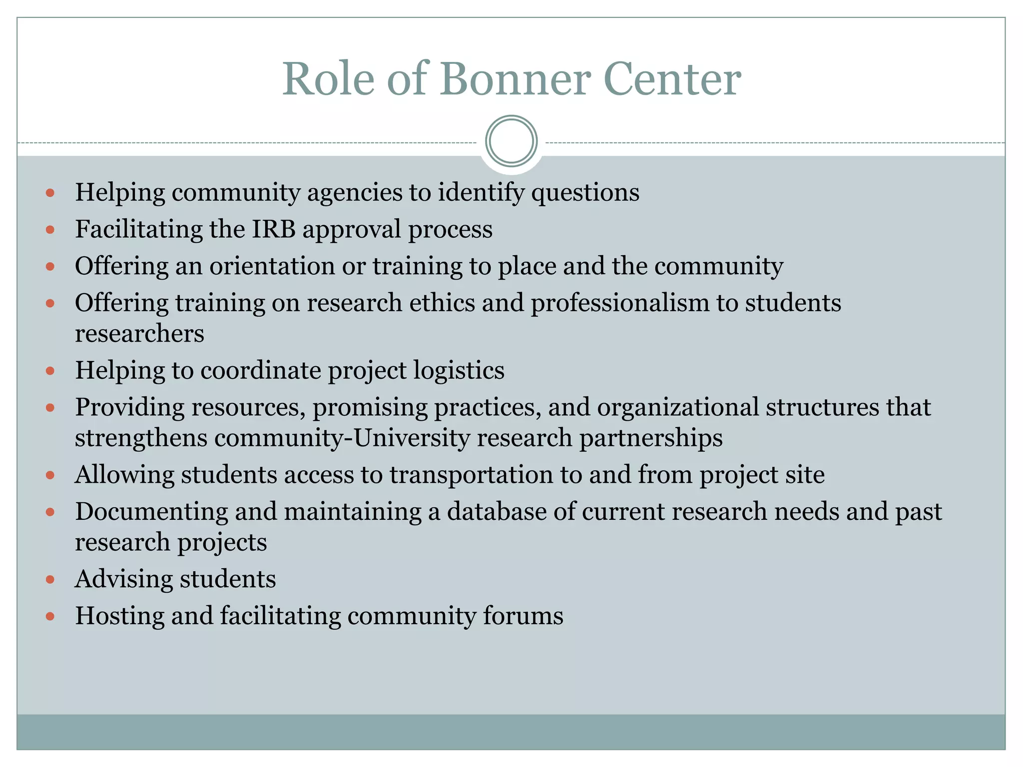 Role of Bonner Center 
Helping community agencies to identify questions 
Facilitating the IRB approval process 
Offering an orientation or training to place and the community 
Offering training on research ethics and professionalism to students researchers 
Helping to coordinate project logistics 
Providing resources, promising practices, and organizational structures that strengthens community-University research partnerships 
Allowing students access to transportation to and from project site 
Documenting and maintaining a database of current research needs and past research projects 
Advising students 
Hosting and facilitating community forums  