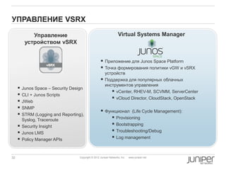 УПРАВЛЕНИЕ VSRX

             Управление                                           Virtual Systems Manager
          устройством vSRX


                                                    Приложение для Junos Space Platform
                                                    Точка формирования политики vGW и vSRX
                                                       устройств
                                                      Поддержка для популярных облачных
                                                       инструментов управления
      Junos Space – Security Design
                                                           vCenter, RHEV-M, SCVMM, ServerCenter
      CLI + Junos Scripts
                                                           vCloud Director, CloudStack, OpenStack
      JWeb
      SNMP
                                                    Функционал (Life Cycle Management):
      STRM (Logging and Reporting),
         Syslog, Traceroute                              Provisioning
        Security Insight                                Bootstrapping
        Junos LMS                                       Troubleshooting/Debug
        Policy Manager APIs                             Log management


32                                Copyright © 2012 Juniper Networks, Inc.   www.juniper.net
 