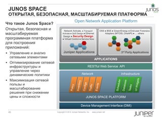 JUNOS SPACE
 ОТКРЫТАЯ, БЕЗОПАСНАЯ, МАСШТАБИРУЕМАЯ ПЛАТФОРМА
                                                Open Network Application Platform
Что такое Junos Space?
Открытая, безопасная и             Network Activate, ● Transport              OSS ● BSS ● Green/Energy ● End-user Forensics
масштабируемая                    Activate ● QoS Design ● Ethernet                Adapters (MTOSI, OneAPI) ● … others
                                   Design ● Security Design
программная платформа             ● Virtual Control ● Service Now
для построения
приложений:
 Управление и анализ              Juniper Applications                                          3rd Party Applications
  сетевыми элементами
                                                                        APPLICATIONS
 Оптимизирование сетевой
  инфраструктуры и                                              RESTful Web Service API
  управление через
  динамические политики                                  Network                                 Infrastructure

 Максимизация сетевой
  пользы и
  масштабирование
  решения при снижении
  цены и сложности                                            JUNOS SPACE PLATFORM

                                                        Device Management Interface (DMI)

 45                         Copyright © 2012 Juniper Networks, Inc.   www.juniper.net
 