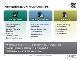 УПРАВЛЕНИЕ СИГНАТУРАМИ IPS



        IPS Signatures                IPS Signature Set                                        IPS Policy

     Granular Signature           Built-in Recommended                                   Advance IPS Policy
     Management                   Signatures                                             Configuration
     Dynamic Filter and           Getting Started Help                                   Simple Firewall
     Searches                     Customization                                          Integration
     Static and                   Simple Firewall                                        Customization
     Dynamic Groups               Integration
     Easy-to-use interface



  Интеграция с межсетевым экраном упрощает управление
  Быстро находит и расследует сигнатуры IPS
  Подстройка сигнатур под ваши нужды

53                           Copyright © 2012 Juniper Networks, Inc.   www.juniper.net
 