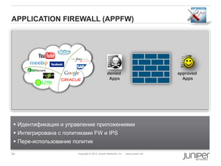 APPLICATION FIREWALL (APPFW)




                                                denied                             approved
                                                 Apps                                Apps




  Идентификация и управление приложениями
  Интегрирована с политиками FW и IPS
  Пере-использование политик

54                     Copyright © 2012 Juniper Networks, Inc.   www.juniper.net
 