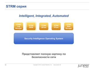 STRM серия

        Intelligent, Integrated, Automated

      STRM                                                                           STRM
                    STRM                STRM                      STRM
       Log                                                                            Risk
                    SIEM                QFlow                     VFlow
     Manager                                                                        Manager




                Security Intelligence Operating System




               Представляет полную картину по
                     безопасности сети

56                      Copyright © 2012 Juniper Networks, Inc.   www.juniper.net
 