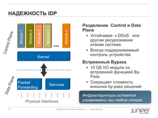 НАДЕЖНОСТЬ IDP

                                                                                   Разделение Control и Data
                  Module 2                                                         Plane
                             Module 3

                                        Module 4
     Module 1




                                                              Module n
                                                                                         Устойчивая к DDoS или
                                                                                          другим ресурсоемким
                                                                                          атакам система
                                                                                         Всегда поддерживаемый
                                                                                          контроль устройства
                             Kernel
                                                                                   Встроенный Bypass
                                                                                         10 GE I/O модули со
                                                                                          встроенной функцией By-
                                                                                          Pass
     Packet                                                                              Cокращает стоимость
                                             Services                                     внешних by-pass решений
     Forwarding

                                                                                   Инфраструктура остается
                Physical Interfaces                                                управляемой при любом отказе

73                                                 Copyright © 2012 Juniper Networks, Inc.   www.juniper.net
 