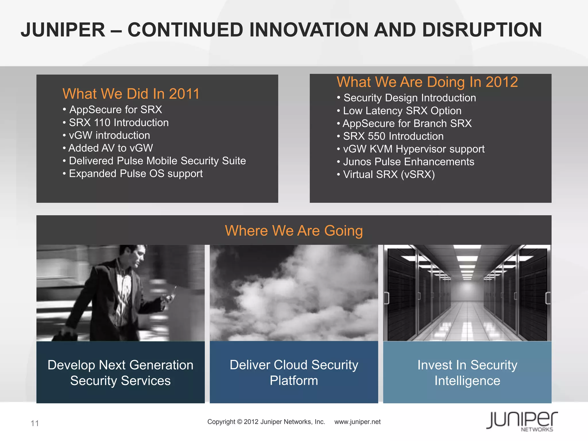 JUNIPER – CONTINUED INNOVATION AND DISRUPTION

                                                                               What We Are Doing In 2012
       What We Did In 2011                                                     • Security Design Introduction
       • AppSecure for SRX                                                     • Low Latency SRX Option
       • SRX 110 Introduction                                                  • AppSecure for Branch SRX
       • vGW introduction                                                      • SRX 550 Introduction
       • Added AV to vGW                                                       • vGW KVM Hypervisor support
       • Delivered Pulse Mobile Security Suite                                 • Junos Pulse Enhancements
       • Expanded Pulse OS support                                             • Virtual SRX (vSRX)




                                          Where We Are Going




     Develop Next Generation                Deliver Cloud Security                               Invest In Security
        Security Services                          Platform                                         Intelligence


11                                   Copyright © 2012 Juniper Networks, Inc.   www.juniper.net
 