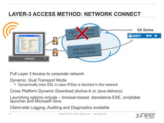 LAYER-3 ACCESS METHOD: NETWORK CONNECT

                                                      rmance                               SA Series
                                            High Perfo ode
                                                       M
                                             Transport



                                                High Availability
                                                                e
                                                Transport Mod




 Full Layer 3 Access to corporate network
 Dynamic, Dual Transport Mode
      Dynamically tries SSL in case IPSec is blocked in the network

 Cross Platform Dynamic Download (Active-X or Java delivery)
 Launching options include – browser-based, standalone EXE, scriptable
 launcher and Microsoft Gina
 Client-side Logging, Auditing and Diagnostics available
17                             Copyright © 2010 Juniper Networks, Inc.   www.juniper.net
 