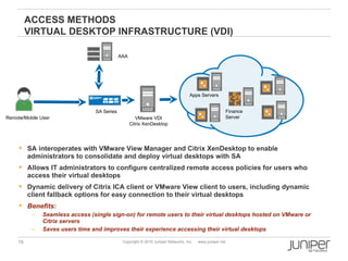 ACCESS METHODS
         VIRTUAL DESKTOP INFRASTRUCTURE (VDI)

                                             AAA




                                                                                   Apps Servers


                                 SA Series                                                            Finance
Remote/Mobile User                                    VMware VDI                                      Server
                                                   Citrix XenDesktop




      SA interoperates with VMware View Manager and Citrix XenDesktop to enable
       administrators to consolidate and deploy virtual desktops with SA
      Allows IT administrators to configure centralized remote access policies for users who
       access their virtual desktops
      Dynamic delivery of Citrix ICA client or VMware View client to users, including dynamic
       client fallback options for easy connection to their virtual desktops
      Benefits:
          –    Seamless access (single sign-on) for remote users to their virtual desktops hosted on VMware or
               Citrix servers
          –    Saves users time and improves their experience accessing their virtual desktops

    19                                        Copyright © 2010 Juniper Networks, Inc.   www.juniper.net
 