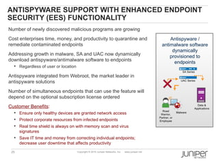 ANTISPYWARE SUPPORT WITH ENHANCED ENDPOINT
SECURITY (EES) FUNCTIONALITY
Number of newly discovered malicious programs are growing
Cost enterprises time, money, and productivity to quarantine and                                       Antispyware /
remediate contaminated endpoints                                                                   antimalware software
                                                                                                        dynamically
Addressing growth in malware, SA and UAC now dynamically                                               provisioned to
download antispyware/antimalware software to endpoints                                                   endpoints
   Regardless of user or location
                                                                                                                   SA Series
Antispyware integrated from Webroot, the market leader in
antispyware solutions                                                                                             UAC Series



Number of simultaneous endpoints that can use the feature will
depend on the optional subscription license ordered
Customer Benefits:                                                                                                           Data &
                                                                                                                           Applications
                                                                                                   Road
   Ensure only healthy devices are granted network access                                        Warrior,
                                                                                                               Malware
                                                                                                 Partner, or
   Protect corporate resources from infected endpoints                                          Employee
   Real time shield is always on with memory scan and virus
      signatures
   Save IT time and money from correcting individual endpoints;
      decrease user downtime that affects productivity

 25                                  Copyright © 2010 Juniper Networks, Inc.   www.juniper.net
 