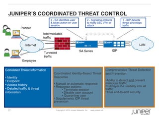 JUNIPER’S COORDINATED THREAT CONTROL
                                   3 - SA identifies user                   2 - Signaling protocol               1 - IDP detects
                                   & takes action on user                   to notify SSL VPN of                 threat and stops
                                   session                                  attack                               traffic
            Partner
                              Intermediated
                              traffic

                Internet                                                                                                        LAN

                                                                   SA Series                            IDP
                              Tunneled
                              traffic
             Employee


Correlated Threat Information                                                                      Comprehensive Threat Detection
                                     Coordinated Identity-Based Threat                             and Prevention
• Identity                           Response
• Endpoint                                                                                         •Ability to detect and prevent
• Access history                     • Manual or automatic response                                malicious traffic
                                     • Response options:                                           •Full layer 2-7 visibility into all
• Detailed traffic & threat               • Terminate session                                      traffic
information                               • Disable user account                                   •True end-to-end security
                                          • Quarantine user
                                     • Supplements IDP threat
                                     prevention

  27                                   Copyright © 2010 Juniper Networks, Inc.   www.juniper.net
 