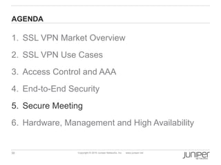 AGENDA

1. SSL VPN Market Overview
2. SSL VPN Use Cases
3. Access Control and AAA
4. End-to-End Security
5. Secure Meeting
6. Hardware, Management and High Availability


30              Copyright © 2010 Juniper Networks, Inc.   www.juniper.net
 