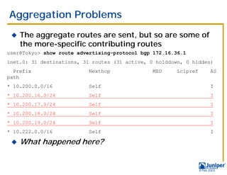 Aggregation Problems
 !   The aggregate routes are sent, but so are some of
     the more-specific contributing routes
user@Tokyo> show route advertising-protocol bgp 172.16.36.1
inet.0: 31 destinations, 31 routes (31 active, 0 holddown, 0 hidden)
  Prefix                  Nexthop              MED      Lclpref          AS
path
* 10.200.0.0/16           Self                                           I
* 10.200.16.0/24          Self                                           I
* 10.200.17.0/24          Self                                           I
* 10.200.18.0/24          Self                                           I
* 10.200.19.0/24          Self                                           I
* 10.222.0.0/16           Self                                           I

 !   What happened here?


                                                                  9 Feb 2003
 