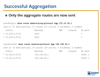 Successful Aggregation
 !   Only the aggregate routes are now sent

user@Tokyo> show route advertising-protocol bgp 172.16.36.1
inet.0: 31 destinations, 31 routes (31 active, 0 holddown, 0 hidden)
  Prefix                  Nexthop               MED     Lclpref   AS path
* 10.200.0.0/16           Self                                    I
* 10.222.0.0/16           Self                                    I


user@London> show route receive-protocol bgp 192.168.24.1
inet.0: 16 destinations, 16 routes (16 active, 0 holddown, 0 hidden)
  Prefix                  Nexthop               MED     Lclpref   AS path
* 10.200.0.0/16           192.168.24.1                            65001 I
* 10.222.0.0/16           192.168.24.1                            65001 I




                                                                       9 Feb 2003
 