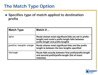The Match Type Option
!   Specifies type of match applied to destination
    prefix


    Match Type            Match if…

    upto                  Route shares most significant bits (as set in prefix-
                          length) and route’s prefix length falls between
                          prefix-length and prefix-length2
    prefix-length-range   Route shares most significant bits and the prefix
                          length is between the two lengths specified

    through               Route falls exactly between first prefix/prefix-length
                          and second prefix/prefix-length (list of exact
                          matches)




                                                                           9 Feb 2003
 