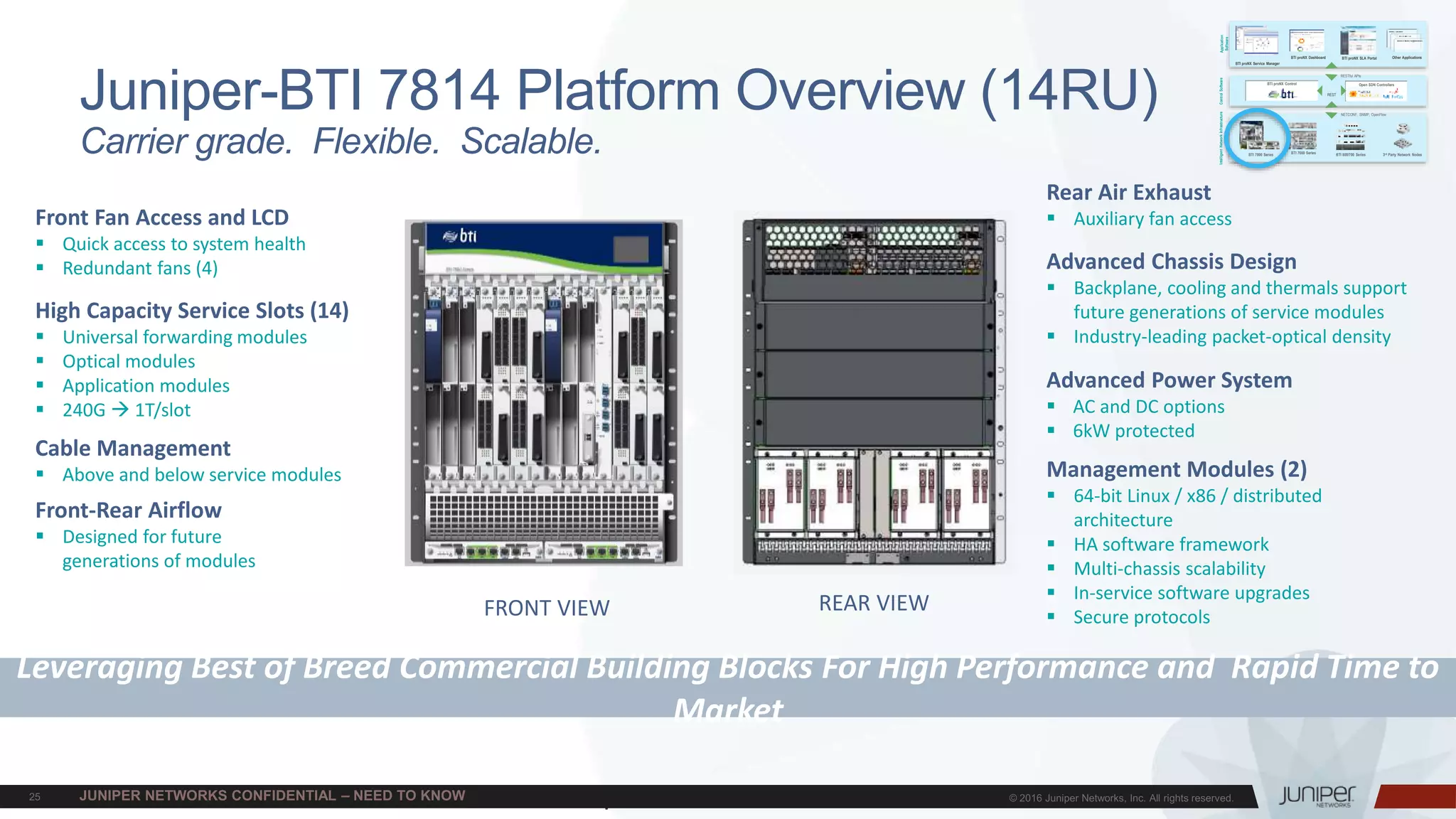Juniper Confidential
Juniper-BTI 7814 Platform Overview (14RU)
Carrier grade. Flexible. Scalable.
Leveraging Best of Breed Commercial Building Blocks For High Performance and Rapid Time to
Market
FRONT VIEW REAR VIEW
Advanced Power System
 AC and DC options
 6kW protected
Rear Air Exhaust
 Auxiliary fan accessFront Fan Access and LCD
 Quick access to system health
 Redundant fans (4)
Front-Rear Airflow
 Designed for future
generations of modules
High Capacity Service Slots (14)
 Universal forwarding modules
 Optical modules
 Application modules
 240G  1T/slot
Cable Management
 Above and below service modules Management Modules (2)
 64-bit Linux / x86 / distributed
architecture
 HA software framework
 Multi-chassis scalability
 In-service software upgrades
 Secure protocols
Advanced Chassis Design
 Backplane, cooling and thermals support
future generations of service modules
 Industry-leading packet-optical density
Application
Software
ControlSoftwareIntelligentNetworkInfrastructure
BTI proNX Service Manager
BTI proNX Dashboard BTI proNX SLA Portal Other Applications
RESTful APIs
NETCONF, SNMP, OpenFlow
BTI 7000 Series BTI 800/700 SeriesBTI 7800 Series 3rd Party Network Nodes
REST
Open SDN ControllersBTI proNX Control
 