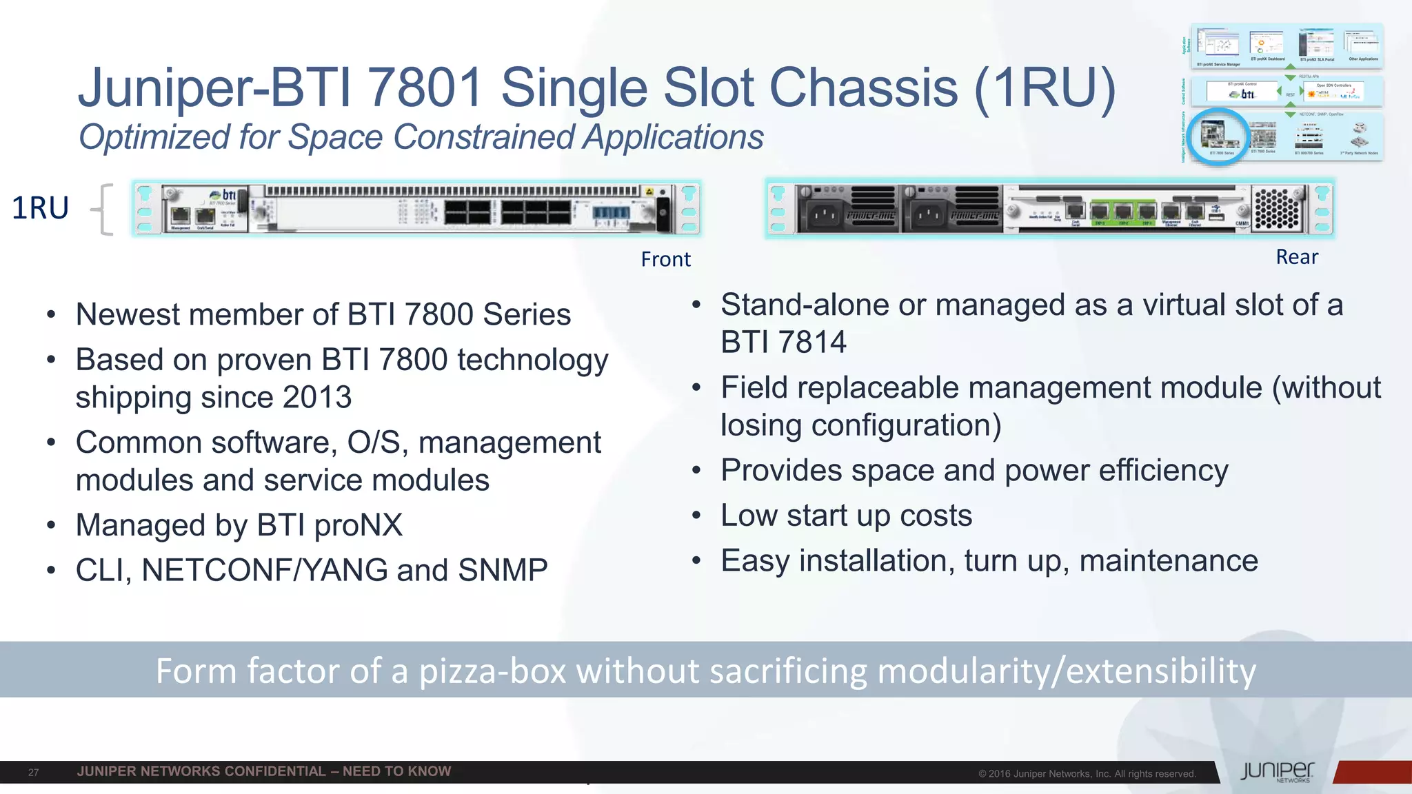 Juniper Confidential
Juniper-BTI 7801 Single Slot Chassis (1RU)
Optimized for Space Constrained Applications
• Newest member of BTI 7800 Series
• Based on proven BTI 7800 technology
shipping since 2013
• Common software, O/S, management
modules and service modules
• Managed by BTI proNX
• CLI, NETCONF/YANG and SNMP
• Stand-alone or managed as a virtual slot of a
BTI 7814
• Field replaceable management module (without
losing configuration)
• Provides space and power efficiency
• Low start up costs
• Easy installation, turn up, maintenance
Form factor of a pizza-box without sacrificing modularity/extensibility
1RU
Front Rear
Application
Software
ControlSoftwareIntelligentNetworkInfrastructure
BTI proNX Service Manager
BTI proNX Dashboard BTI proNX SLA Portal Other Applications
RESTful APIs
NETCONF, SNMP, OpenFlow
BTI 7000 Series BTI 800/700 SeriesBTI 7800 Series 3rd Party Network Nodes
REST
Open SDN ControllersBTI proNX Control
 