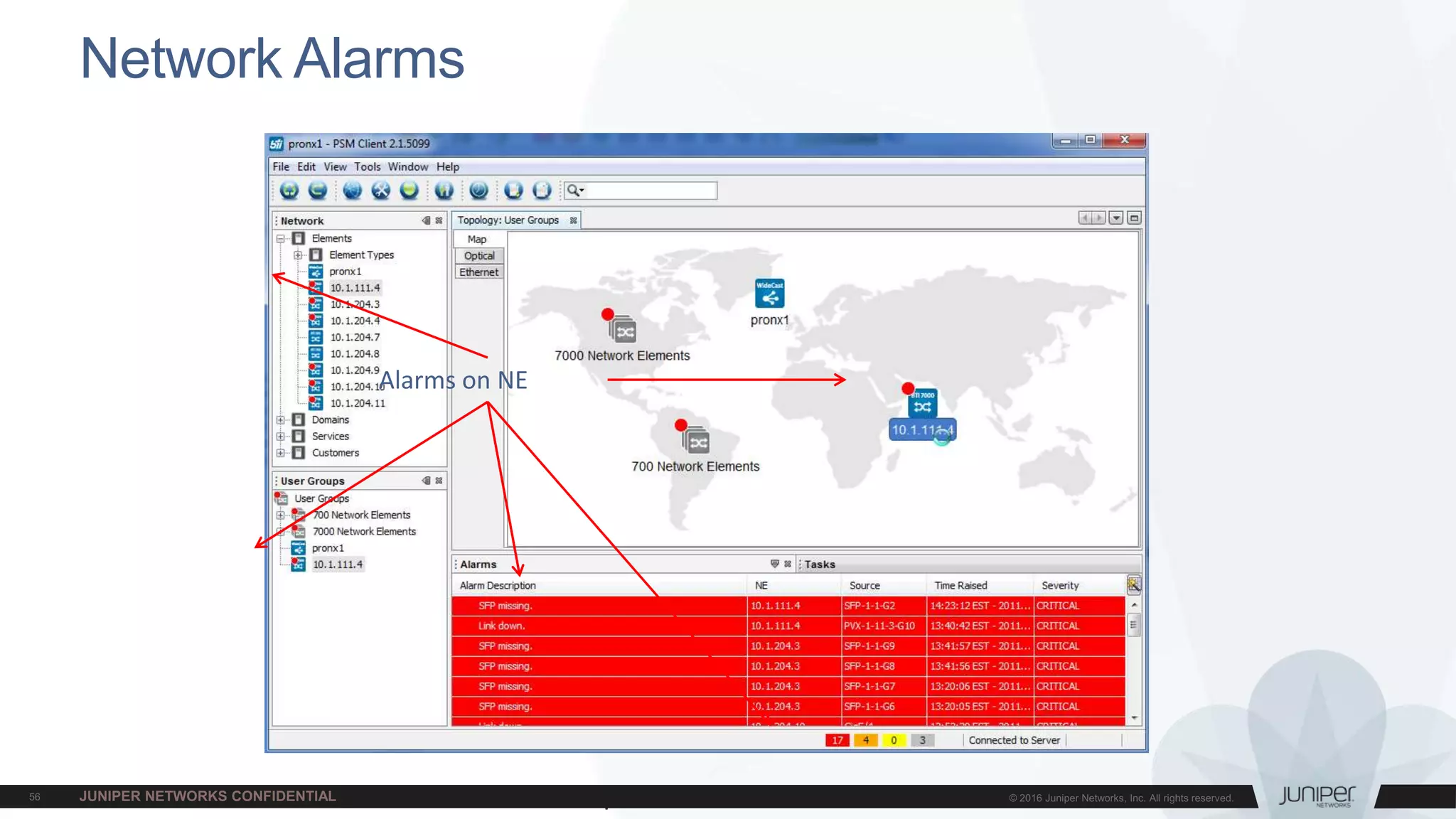 Juniper Confidential
Network Alarms
Alarms on NE
 