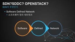  Software Defined Network
 소프트웨어 정의 네트워크
SDN?SDDC? OPENSTACK?
SDN이 무엇인가.
NetworkDefinedSoftware
 