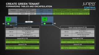 CREATE GREEN TENANT
FORWARDING TABLES AND ENCAPSULATION
VM
G1
VM
G2
IP prefix Nexthop
VM G1
Virtual ethernet port
to VM G1
Green routing-instance IP FIB
VM G2
Push label L2 +
GRE encaps to server S2
MPLS label Nexthop
L1 Pop + Green routing-instance
Global MPLS FIB
IP prefix Nexthop
Server S2 Physical ethernet port
Global IP FIB
IP prefix Nexthop
VM G1
Push label L1
GRE encaps to server S1
Green routing-instance IP FIB
VM G2
Virtual ethernet port
to VM G2
MPLS label Nexthop
L2 Pop + Green routing-instance
Global MPLS FIB
IP prefix Nexthop
Server S1 Physical ethernet port
Global IP FIB
Inner IP header
Payload
VM G1
Source IP
VM G2
Dest IP
...
MPLS
L2
Label
GRE
...
Outer IP header
Server S1
Source IP
Server S2
Dest IP
Ethernet
Server S1
Source MAC
Server S2
Dest MAC
Packet
S1 S2
 