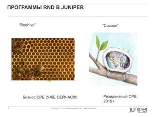 9 Copyright © 2010 Juniper Networks, Inc. www.juniper.netCopyright © 2011 Juniper Networks, Inc. www.juniper.netCopyright © 2013 Juniper Networks, Inc. www.juniper.net
ПРОГРАММЫ RND В JUNIPER
“Beehive” “Cocoon”
Бизнес CPE (УЖЕ СЕЙЧАС!!!) Резидентный CPE,
2015+
 