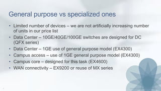 General purpose vs specialized ones
• Limited number of devices – we are not artificially increasing number
of units in our price list
• Data Center – 10GE/40GE/100GE switches are designed for DC
(QFX series)
• Data Center – 1GE use of general purpose model (EX4300)
• Campus access – use of 1GE general purpose model (EX4300)
• Campus core – designed for this task (EX4600)
• WAN connectivity – EX9200 or reuse of MX series
 